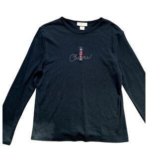 Y2K Bedazzled Wine Mom Top Slinky Holiday Clean Girl Large Black Embroidered Red